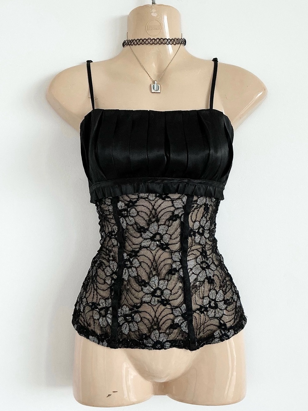 Y2K vintage Black Lace Pleated satin corset silver floral Cami transparent top